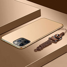 Funda Bumper Lujo Marco de Metal y Plastico Carcasa con Lanyard para Apple iPhone 13 Pro Oro