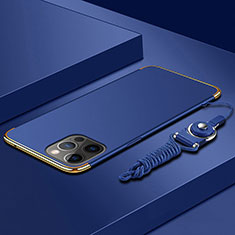 Funda Bumper Lujo Marco de Metal y Plastico Carcasa con Lanyard para Apple iPhone 14 Pro Azul