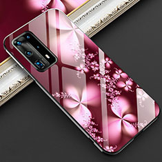 Funda Bumper Silicona Gel Espejo Flores Carcasa para Huawei P40 Pro+ Plus Rojo
