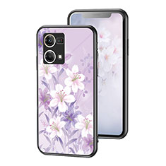 Funda Bumper Silicona Gel Espejo Flores Carcasa para Oppo Reno7 4G Purpura Claro