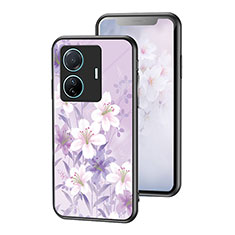 Funda Bumper Silicona Gel Espejo Flores Carcasa para Vivo T1 Pro 5G Purpura Claro