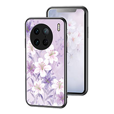 Funda Bumper Silicona Gel Espejo Flores Carcasa para Vivo X90 Pro 5G Purpura Claro