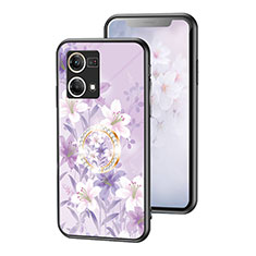 Funda Bumper Silicona Gel Espejo Flores Carcasa S01 para Oppo Reno7 4G Purpura Claro