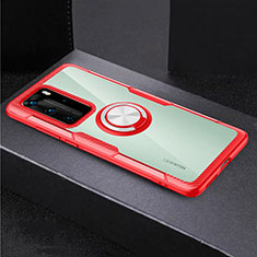 Funda Bumper Silicona Transparente Espejo 360 Grados con Magnetico Anillo de dedo Soporte para Huawei P40 Pro Rojo