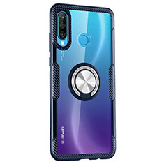 Funda Bumper Silicona Transparente Espejo 360 Grados con Magnetico Anillo de dedo Soporte Z01 para Huawei Nova 4e Azul