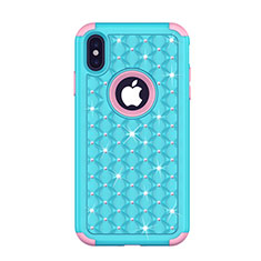 Funda Bumper Silicona y Plastico Carcasa Frontal y Trasera 360 Grados Bling-Bling para Apple iPhone X Azul