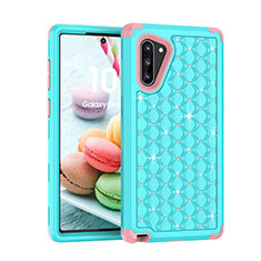 Funda Bumper Silicona y Plastico Carcasa Frontal y Trasera 360 Grados Bling-Bling U01 para Samsung Galaxy Note 10 Cian