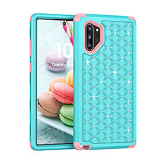 Funda Bumper Silicona y Plastico Carcasa Frontal y Trasera 360 Grados Bling-Bling U01 para Samsung Galaxy Note 10 Plus 5G Cian