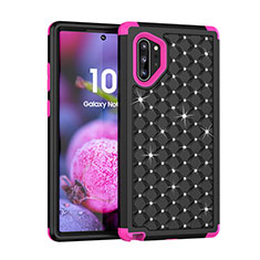 Funda Bumper Silicona y Plastico Carcasa Frontal y Trasera 360 Grados Bling-Bling U01 para Samsung Galaxy Note 10 Plus 5G Rosa Roja