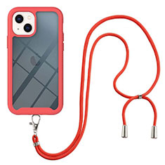 Funda Bumper Silicona y Plastico Carcasa Frontal y Trasera 360 Grados con Acollador Cordon Lanyard para Apple iPhone 13 Rojo
