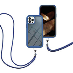 Funda Bumper Silicona y Plastico Carcasa Frontal y Trasera 360 Grados con Acollador Cordon Lanyard para Apple iPhone 14 Pro Azul