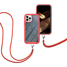 Funda Bumper Silicona y Plastico Carcasa Frontal y Trasera 360 Grados con Acollador Cordon Lanyard para Apple iPhone 14 Pro Max Rojo