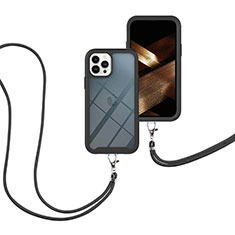 Funda Bumper Silicona y Plastico Carcasa Frontal y Trasera 360 Grados con Acollador Cordon Lanyard para Apple iPhone 14 Pro Negro
