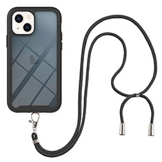 Funda Bumper Silicona y Plastico Carcasa Frontal y Trasera 360 Grados con Acollador Cordon Lanyard para Apple iPhone 15 Negro