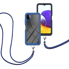 Funda Bumper Silicona y Plastico Carcasa Frontal y Trasera 360 Grados con Acollador Cordon Lanyard para Samsung Galaxy A22 5G Azul