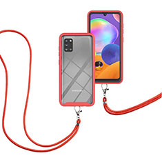 Funda Bumper Silicona y Plastico Carcasa Frontal y Trasera 360 Grados con Acollador Cordon Lanyard para Samsung Galaxy A31 Rojo
