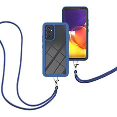 Funda Bumper Silicona y Plastico Carcasa Frontal y Trasera 360 Grados con Acollador Cordon Lanyard para Samsung Galaxy A82 5G Azul
