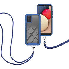 Funda Bumper Silicona y Plastico Carcasa Frontal y Trasera 360 Grados con Acollador Cordon Lanyard para Samsung Galaxy M02s Azul