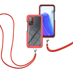 Funda Bumper Silicona y Plastico Carcasa Frontal y Trasera 360 Grados con Acollador Cordon Lanyard para Xiaomi Mi 10T Pro 5G Rojo