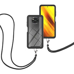 Funda Bumper Silicona y Plastico Carcasa Frontal y Trasera 360 Grados con Acollador Cordon Lanyard para Xiaomi Poco X3 NFC Negro
