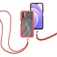 Funda Bumper Silicona y Plastico Carcasa Frontal y Trasera 360 Grados con Acollador Cordon Lanyard para Xiaomi Redmi 9T 4G Rojo