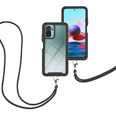 Funda Bumper Silicona y Plastico Carcasa Frontal y Trasera 360 Grados con Acollador Cordon Lanyard para Xiaomi Redmi Note 10 4G Negro