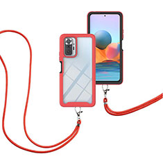 Funda Bumper Silicona y Plastico Carcasa Frontal y Trasera 360 Grados con Acollador Cordon Lanyard para Xiaomi Redmi Note 10 Pro 4G Rojo