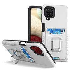 Funda Bumper Silicona y Plastico Mate Carcasa con Magnetico Anillo de dedo Soporte J01S para Samsung Galaxy F12 Plata