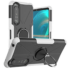 Funda Bumper Silicona y Plastico Mate Carcasa con Magnetico Anillo de dedo Soporte JX1 para Sony Xperia 5 III Plata