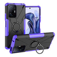 Funda Bumper Silicona y Plastico Mate Carcasa con Magnetico Anillo de dedo Soporte JX1 para Xiaomi Mi 11T 5G Morado