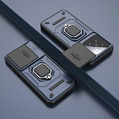 Funda Bumper Silicona y Plastico Mate Carcasa con Magnetico Anillo de dedo Soporte K1C para Xiaomi Mi 14 5G Azul