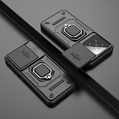 Funda Bumper Silicona y Plastico Mate Carcasa con Magnetico Anillo de dedo Soporte K1C para Xiaomi Mi 14 5G Negro