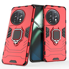 Funda Bumper Silicona y Plastico Mate Carcasa con Magnetico Anillo de dedo Soporte KC2 para OnePlus 11 5G Rojo