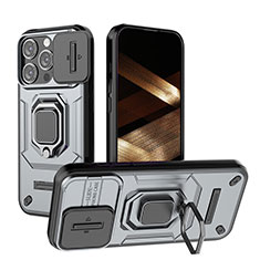 Funda Bumper Silicona y Plastico Mate Carcasa con Magnetico Anillo de dedo Soporte KC3 para Apple iPhone 13 Pro Gris