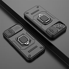 Funda Bumper Silicona y Plastico Mate Carcasa con Magnetico Anillo de dedo Soporte KC4 para Apple iPhone 13 Negro