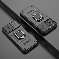 Funda Bumper Silicona y Plastico Mate Carcasa con Magnetico Anillo de dedo Soporte KC4 para Apple iPhone 13 Pro Negro