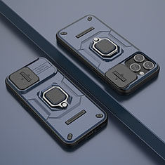 Funda Bumper Silicona y Plastico Mate Carcasa con Magnetico Anillo de dedo Soporte KC4 para Apple iPhone 14 Pro Azul