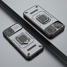 Funda Bumper Silicona y Plastico Mate Carcasa con Magnetico Anillo de dedo Soporte KC4 para Apple iPhone 15 Plus Gris