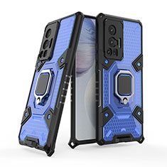 Funda Bumper Silicona y Plastico Mate Carcasa con Magnetico Anillo de dedo Soporte KC4 para Vivo X70 Pro 5G Azul