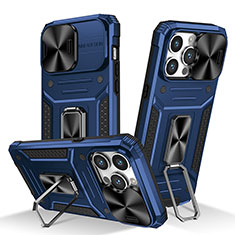Funda Bumper Silicona y Plastico Mate Carcasa con Magnetico Anillo de dedo Soporte KC7 para Apple iPhone 13 Pro Azul
