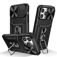 Funda Bumper Silicona y Plastico Mate Carcasa con Magnetico Anillo de dedo Soporte KC7 para Apple iPhone 13 Pro Negro