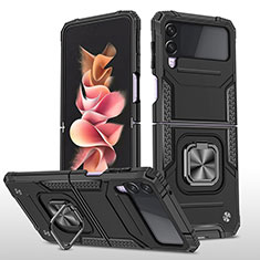 Funda Bumper Silicona y Plastico Mate Carcasa con Magnetico Anillo de dedo Soporte MQ1 para Samsung Galaxy Z Flip3 5G Negro