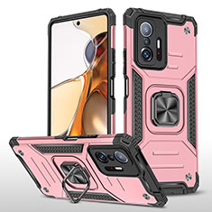 Funda Bumper Silicona y Plastico Mate Carcasa con Magnetico Anillo de dedo Soporte MQ1 para Xiaomi Mi 11T Pro 5G Oro Rosa