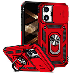 Funda Bumper Silicona y Plastico Mate Carcasa con Magnetico Anillo de dedo Soporte MQ2 para Apple iPhone 13 Pro Rojo