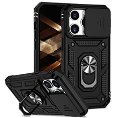 Funda Bumper Silicona y Plastico Mate Carcasa con Magnetico Anillo de dedo Soporte MQ2 para Apple iPhone 14 Pro Negro