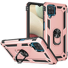 Funda Bumper Silicona y Plastico Mate Carcasa con Magnetico Anillo de dedo Soporte MQ3 para Samsung Galaxy F12 Oro Rosa