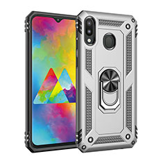 Funda Bumper Silicona y Plastico Mate Carcasa con Magnetico Anillo de dedo Soporte MQ3 para Samsung Galaxy M20 Plata