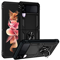 Funda Bumper Silicona y Plastico Mate Carcasa con Magnetico Anillo de dedo Soporte MQ3 para Samsung Galaxy Z Flip3 5G Negro