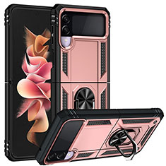 Funda Bumper Silicona y Plastico Mate Carcasa con Magnetico Anillo de dedo Soporte MQ3 para Samsung Galaxy Z Flip3 5G Oro Rosa