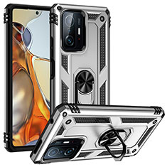 Funda Bumper Silicona y Plastico Mate Carcasa con Magnetico Anillo de dedo Soporte MQ3 para Xiaomi Mi 11T Pro 5G Plata